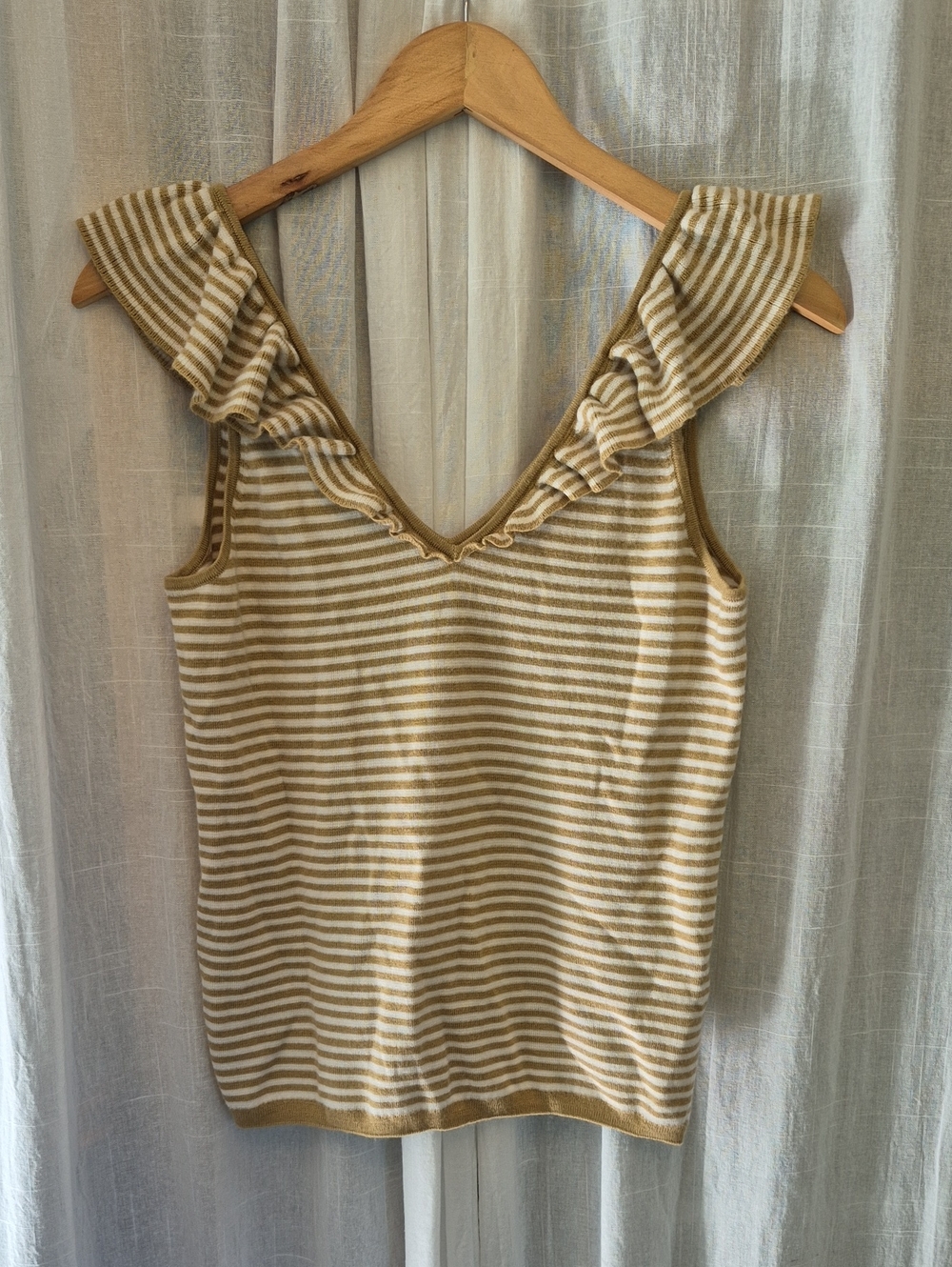 Madewell Cream & Tan Striped Ruffle-Sleeve Knit Tank Merino Wool Blend